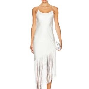 Bec & Bridge White Asymmetric Fringe Slip Maxi Dress